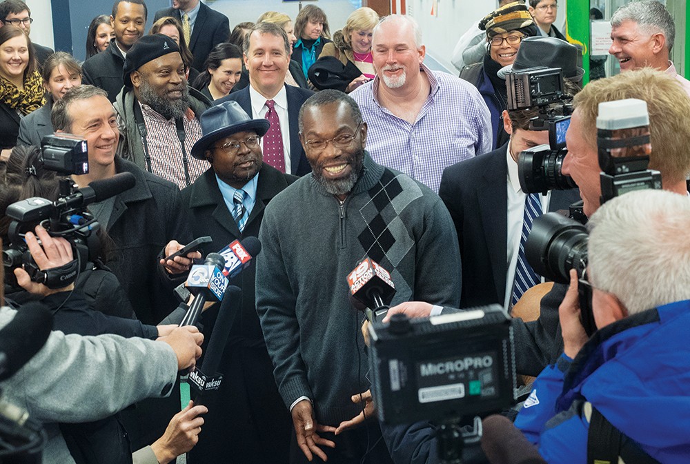 Exonoree Ricky Jackson at the time of his release from prison, surrounded by well-wishers.