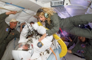 Lora Atkins Bailey with Joe Tanner in space suit.