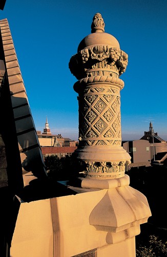 A rooftop corner of Memorial Hall displays a chimney pot with the kind of Moorish-Islamic influences often seen in mosque minarets.