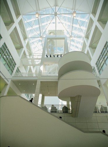 Inside Tangeman University Center is a light-filled three-story atrium that supports the historic clock tower and illuminates the hub of the student union.