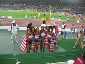 Former Bearcat sprinter Mary Wineberg (third from left) helped the American 400 relay team win gold at worlds in 2007 in Osaka, Japan. 