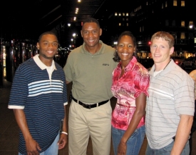 It was a Bearcat reunion in the summer of 2007 for these former UC runners who met upduring the New York Grand Prix. From the left are hurdler David Payne, att. '04; veteran sports announcer Lewis Johnson, Univ. '86; sprinter Mary Wineberg, Ed '02; and former decathlete Chris Wineberg, Eng '04.