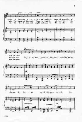 A piece of sheet music with the University of Cincinnati alma mater.